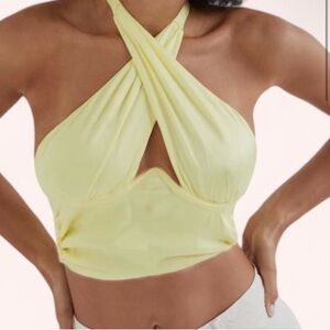 For Love and Lemons Rana Yellow Halter Crop Top Open Back NWT Size M